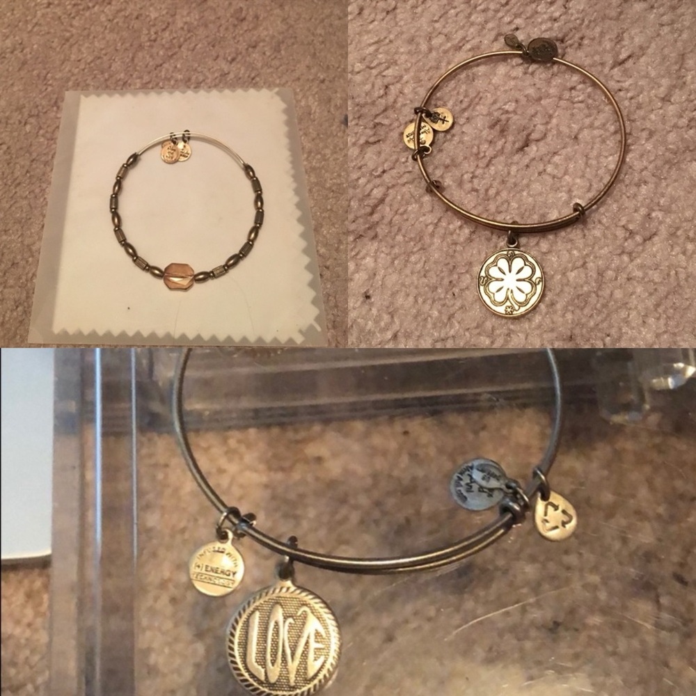 3 Alex & Ani bangles- gold beaded, gold four leaf clover & silver love bracelet